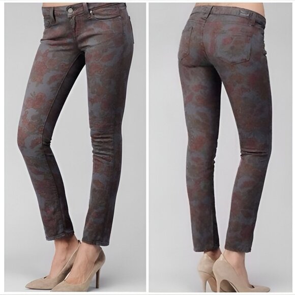 PAIGE Skyline Peg Ankle Skinny Gray Red Floral Rose Low Rise Jeans Pants 24 0/2
